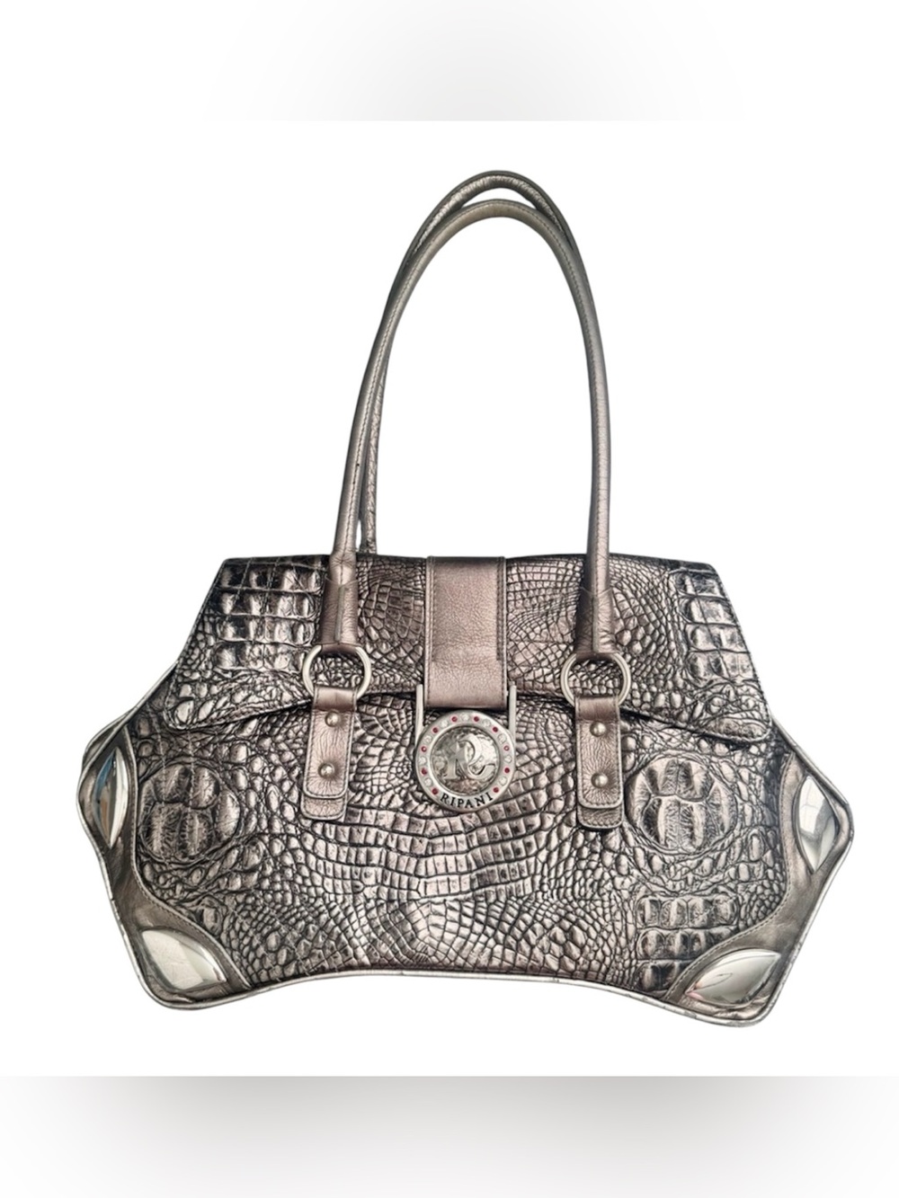Vintage Ripani Italy Large Metallic Bronze Croc Embossed Rhinestone Y2K Shoulder